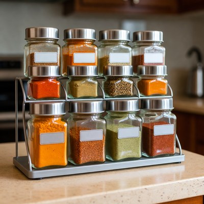 Spice Jars on Kitchen Rack