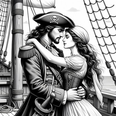 Pirate couple embracing on ship