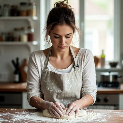 Woman kneading dough in kitchen