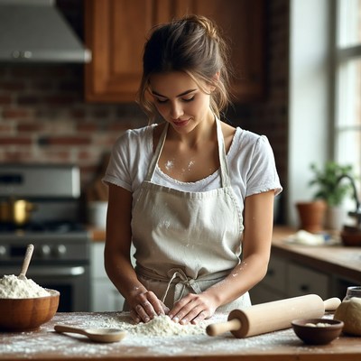 Woman kneading dough in kitchen