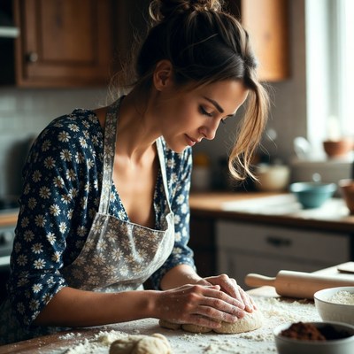 Woman kneading dough in kitchen