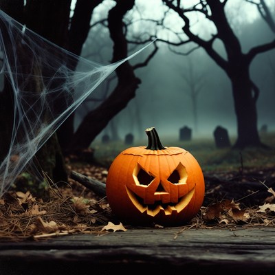 Jack-o'-lantern in foggy haunted forest