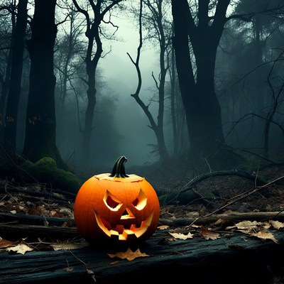 Jack-o'-lantern in foggy dark forest