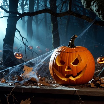 Jack-o'-lantern on stump in foggy forest