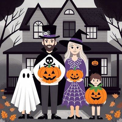 Family in Halloween costumes with pumpkins