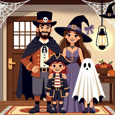 Family in Halloween costumes at door