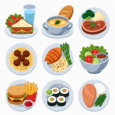 Colorful Flat Illustration of Nine Food Dishes