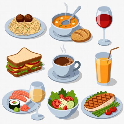 Assortment of Food and Drinks Illustration