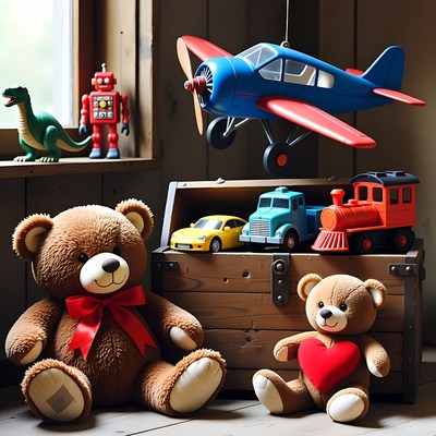 Teddy bears with toys in wooden chest