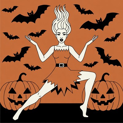 Halloween Witch Woman with Bats Pumpkins