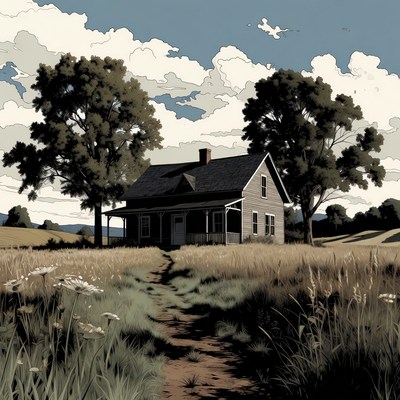 Old house in field with trees