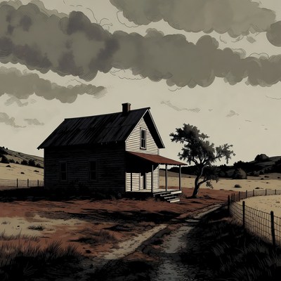 Old rustic house in stormy countryside