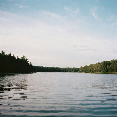 Calm lake surrounded by pine forest