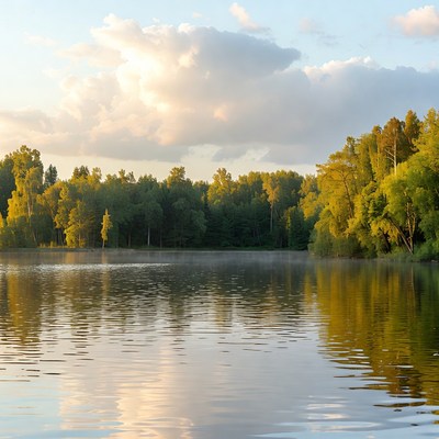 Autumn Forest Lake with Foggy Reflections
