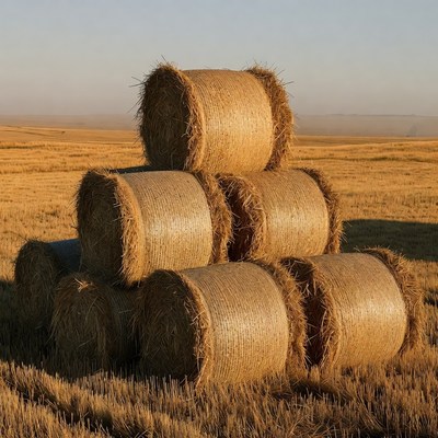 Hay bales stacked in field