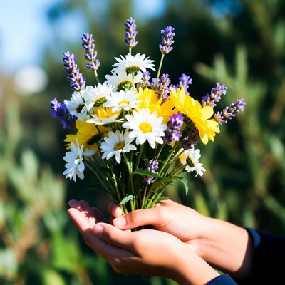 Hands Holding Lavender Daisy Bouquet