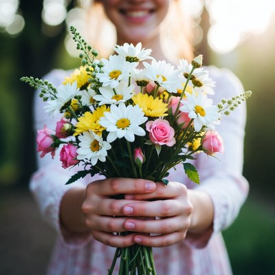 Woman holding colorful daisy bouquet
