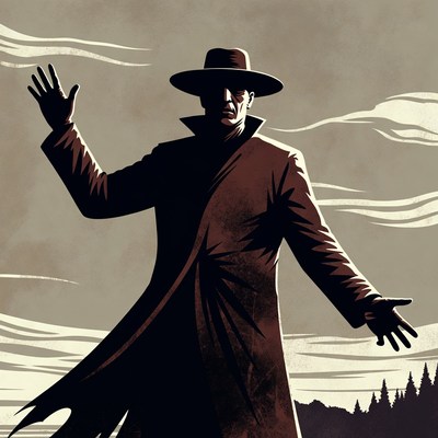 Man in trench coat raising hands