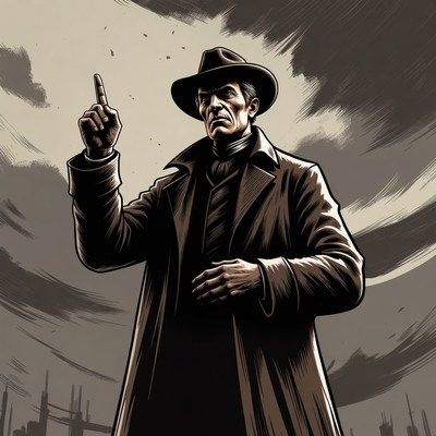 Man in trench coat pointing finger