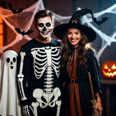 Couple in Skeleton and Witch Halloween Costumes