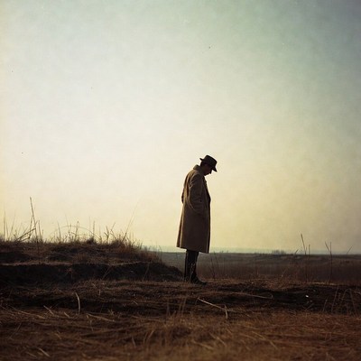 Man in trench coat standing in field