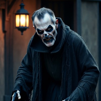 Man in skull face paint and hooded robe