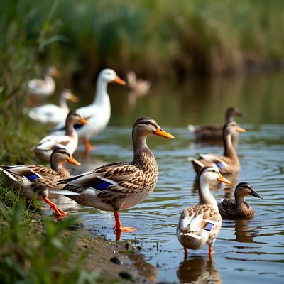 Ducks swimming near pond edge