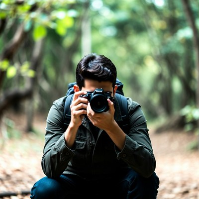 Asian man photographing in forest