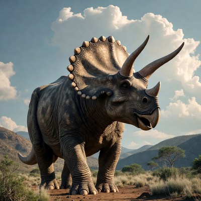 Triceratops dinosaur in mountains
