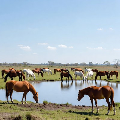 Horses drinking from pond