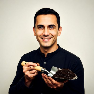 Man holding trowel with soil