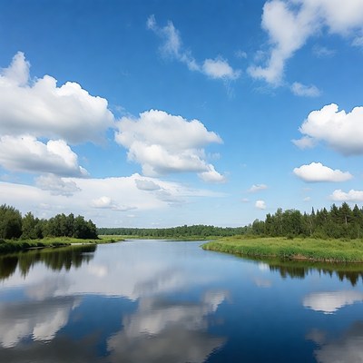 River with Forest Reflections Blue Sky