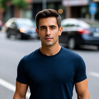 Handsome man in navy t-shirt on street