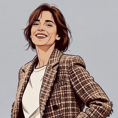 Smiling woman in plaid blazer