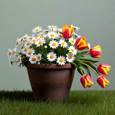Daisies and Tulips in Terracotta Pot