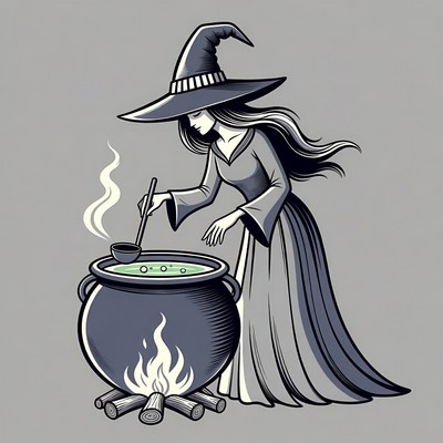 Witch stirring cauldron over fire