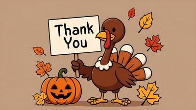 Cartoon Turkey Holding Thank You Sign