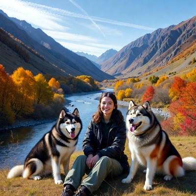 Woman with Two Huskies in Autumn Mountains