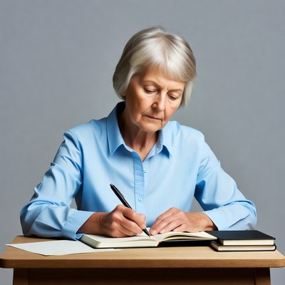 Elderly woman writing in notebook