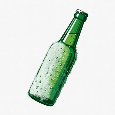 Condensation-covered green beer bottle