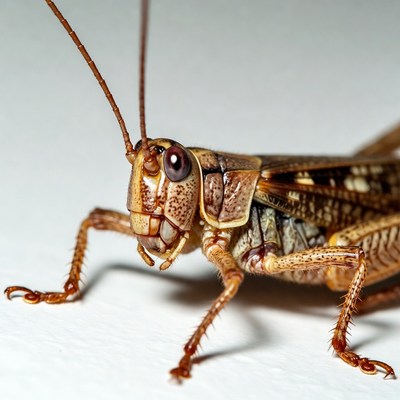 Close-up of grasshopper on white background