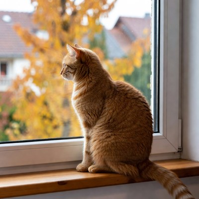 Ginger cat on windowsill viewing autumn trees
