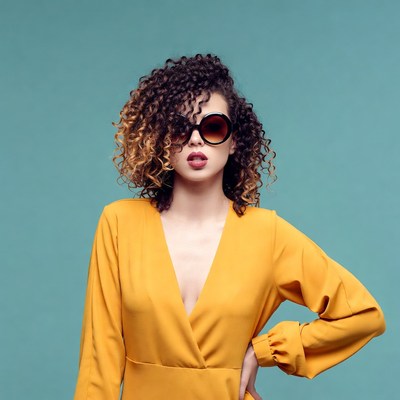 Curly-haired woman in yellow dress sunglasses