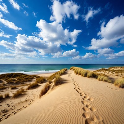 Footprints in sand dunes to ocean