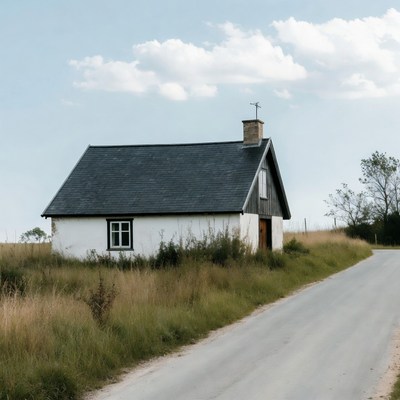 White cottage by rural road
