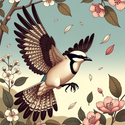 Bird Flying Amid Cherry Blossoms