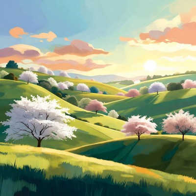 Cherry Blossom Valley Sunset Landscape