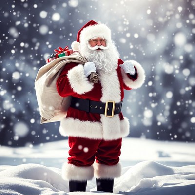 Santa Claus with sack in snowy landscape