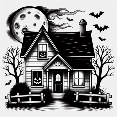Haunted House with Moon and Bats