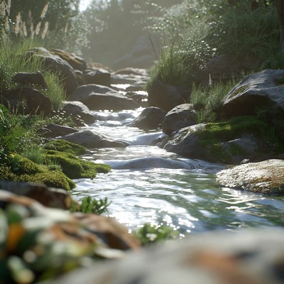 Forest Stream Flowing Over Mossy Rocks